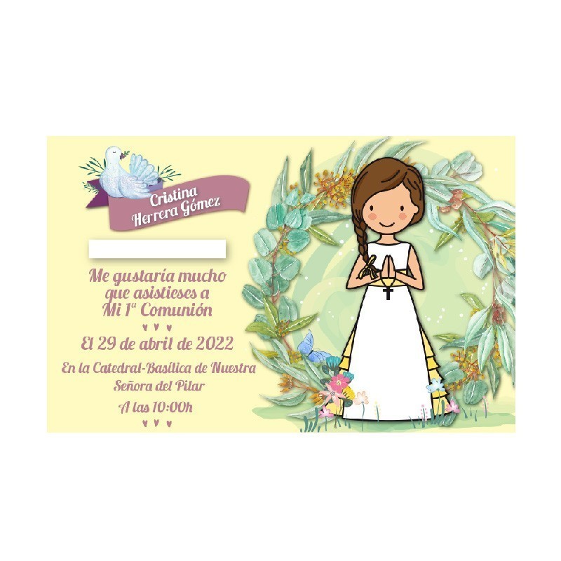 Invitacion de comunion niña personalizada beige 